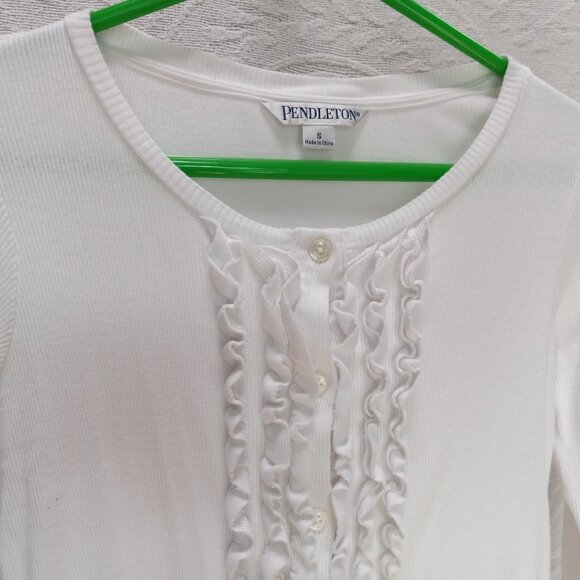 Snow White Ribbed Long Sleeved Shirt W/ Ruffled Front & Buttons Size S (T-380) - Picture 4 of 11